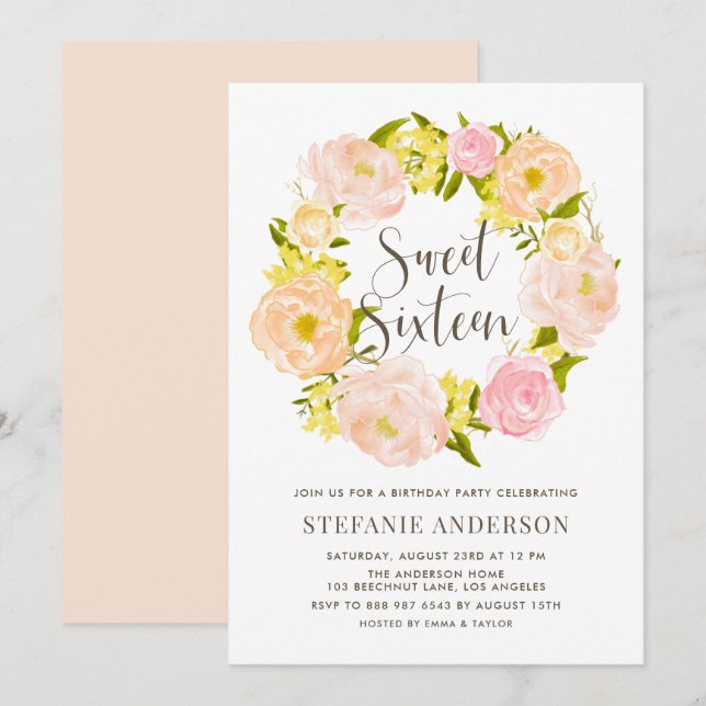 Watercolor Peach Peony WAN Sweet sixteen Inbjudningar (Fram/baksida)