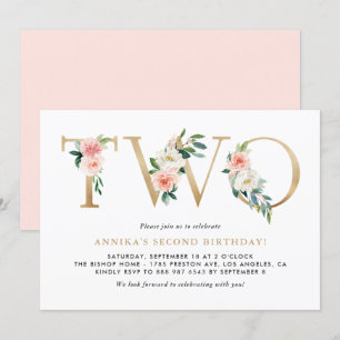 Watercolor Peach Rosa Flowers Guld andra födelseda Inbjudningar