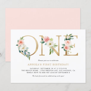 Watercolor Peach Rosa Flowers Guld Första födelsed Inbjudningar