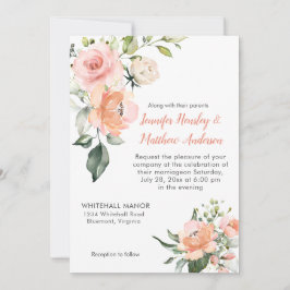 Watercolor Peach Rosa och Vit ros Bröllop Inbjudningar