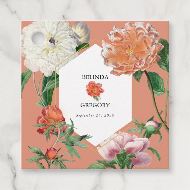 Watercolor Peach Rosa Peonies Flowers Bröllop Gåvor Etiketter (Framsida)