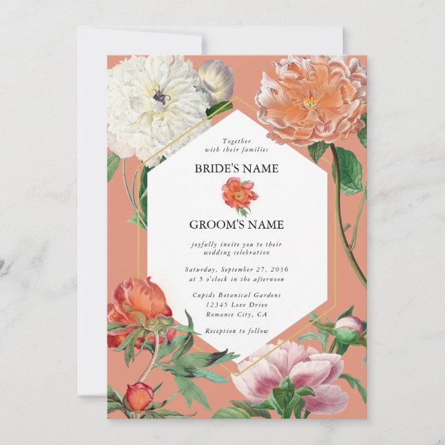 Watercolor Peach Rosa Peonies Flowers Bröllop Inbjudningar (Framsida)