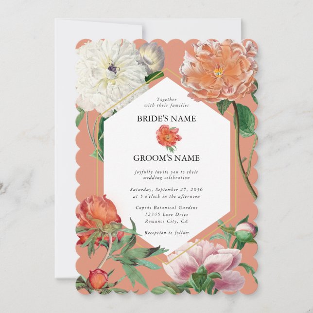 Watercolor Peach Rosa Peonies Flowers Bröllop Inbjudningar (Framsida)