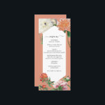 Watercolor Peach Rosa Peonies Flowers Bröllop Meny<br><div class="desc">En vacker vattenfärgspersika, rosa och vit peonies-blomma bröllop med guld geometriska ram. En unik utformning som användor vintagar botaniska blommigtar i persikor, rosa och vita färg-toner. En blommigt för persikor, rosa och vitpeonier med elegant med ett grönt streck. En chic-guld-geometrisk menykortsdesign för ram bröllop med modernt inslag. Det finns också...</div>