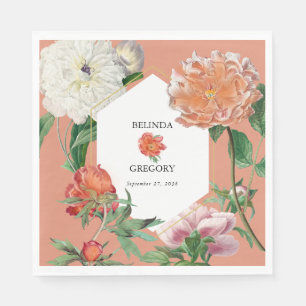 Watercolor Peach Rosa Peonies Flowers Bröllop Pappersservett