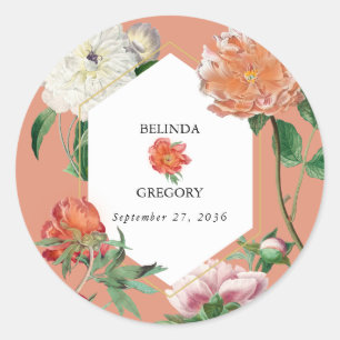 Watercolor Peach Rosa Peonies Flowers Bröllop Runt Klistermärke