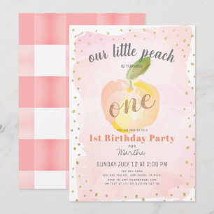 Watercolor Peach Rosa x Guld Girl 1st Birthday Inbjudningar