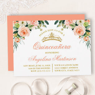Watercolor Peach White Blommigt Quinceanera Party Inbjudningar