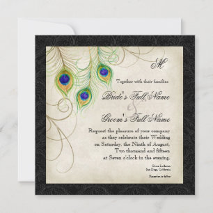 Watercolor Peacock Feather Black Damask Inbjudan