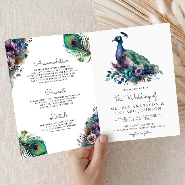 Watercolor Peacock Floral Feather QR Code Wedding Inbjudan (Skapare uppladdad)