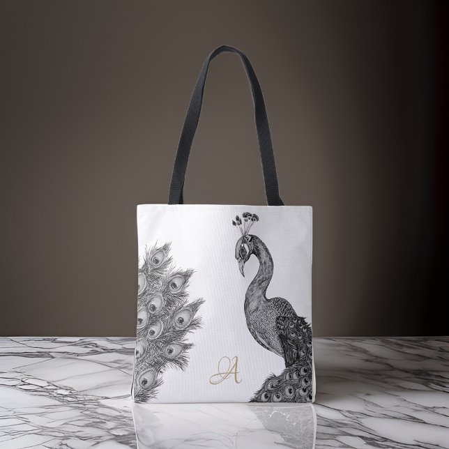 Watercolor Peacock Monogram Black and White Tygkasse (Skapare uppladdad)