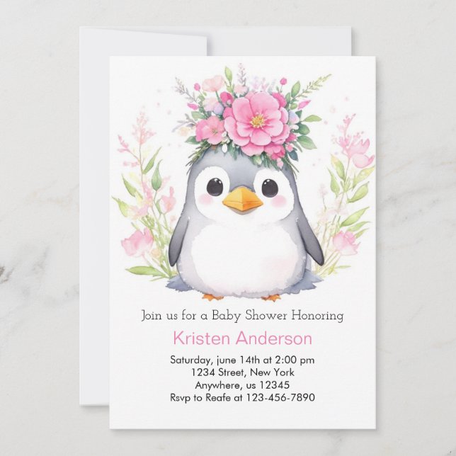 Watercolor Penguin Blissful Girl Baby Shower Inbjudningar (Framsida)