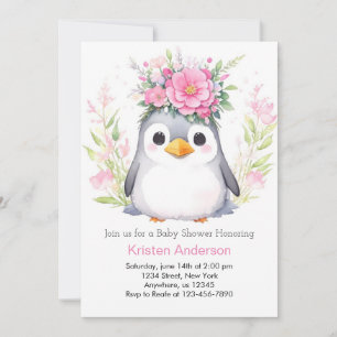 Watercolor Penguin Blissful Girl Baby Shower Inbjudningar