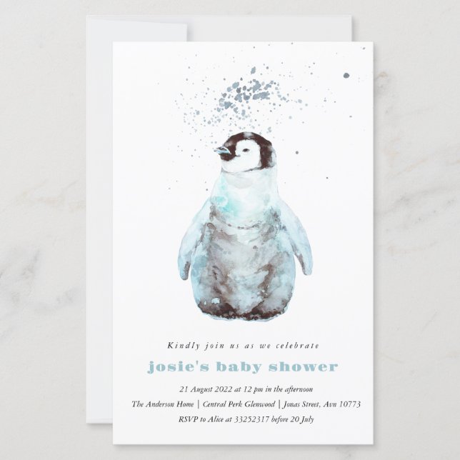Watercolor Penguin Winter Baby Shower Invitation (Framsida)