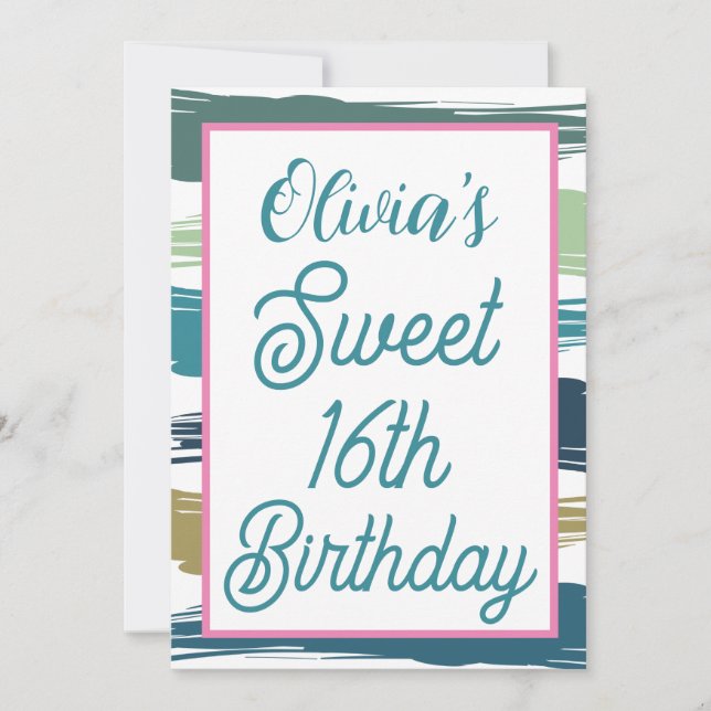 Watercolor Penseldrag Sweet 16 Födelsedag Inbjudningar (Framsida)
