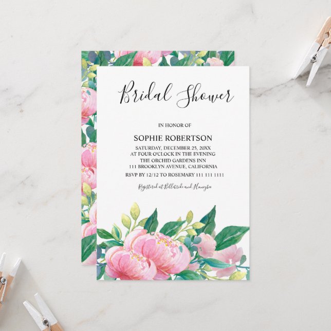 Watercolor Peonies Botanical Bröllop Möhippa Inbjudningar (Fram/Back In Situ)