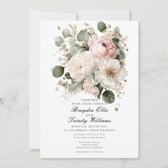 Watercolor peonies elegant wedding invitation inbjudningar (Framsida)