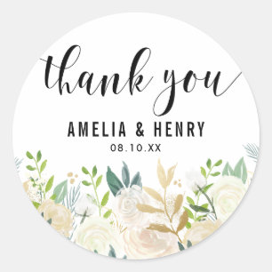 Watercolor Peonies Gold Foil Bröllop Tack Runt Klistermärke