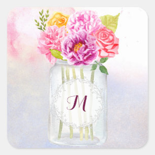Watercolor Peonies Ro Rustic Mason Burk Bröllop Fyrkantigt Klistermärke