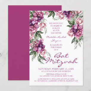 Watercolor Peony Bat mitzvah Modern Blommigt Inbjudningar