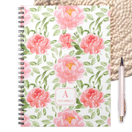 Watercolor Peony Blommönster Monogram bärbar dator Anteckningsbok