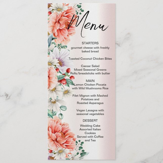 Watercolor Peony Flower Bröllop Menu Meny (Framsida)