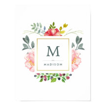 Watercolor Peony Flowers med Guld och Monogram