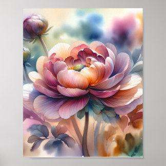 Watercolor Peony i Fullt Bloom Poster
