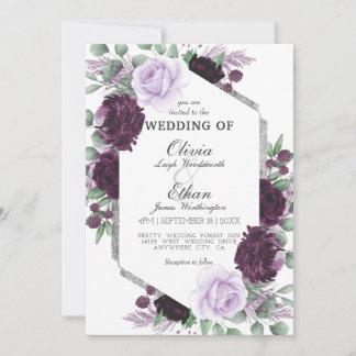 Watercolor Peony Lila Grått Silver Fall Wedding Inbjudningar
