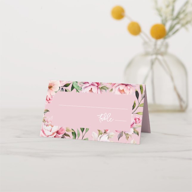 Watercolor Peony Magnolia Blommigt Rosa Bröllop Placeringskort (Framsida)