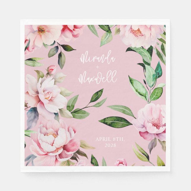 Watercolor Peony Magnolia Bröllop Rosa Pappersservett (Framsidan)