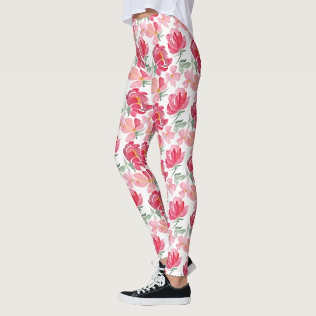Watercolor Peony Mönster Leggings (Vänster)