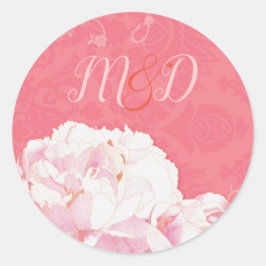 Watercolor Peony Rosa Bröllop Runt Klistermärke