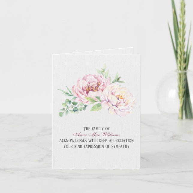 Watercolor Peony Sympathy Tack Kort (Framsida)