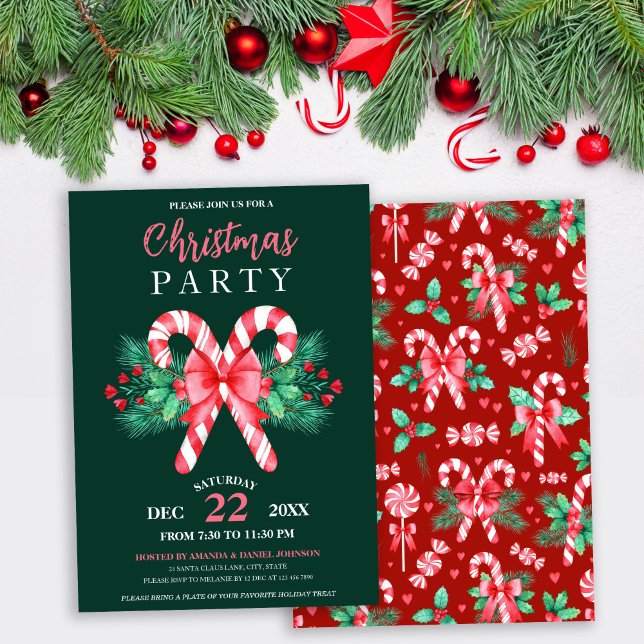 Watercolor Peppermint Candy cane jul Party Inbjudningar (Watercolor Peppermint Candy Cane Christmas Party Invitation)