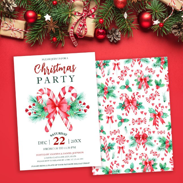 Watercolor Peppermint Candy cane jul Party Inbjudningar (Watercolor Peppermint Candy Cane Christmas Party Invitation)