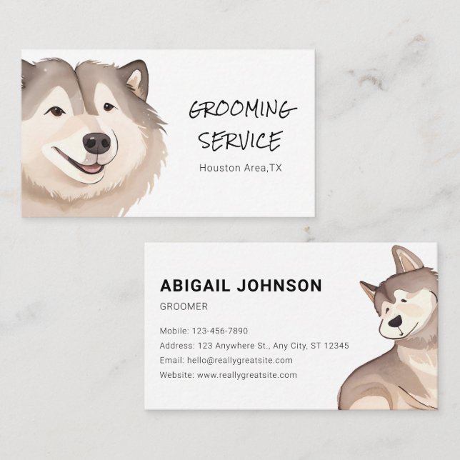 Watercolor Pet Grooming med Husky Visitkort (Fram/baksida)