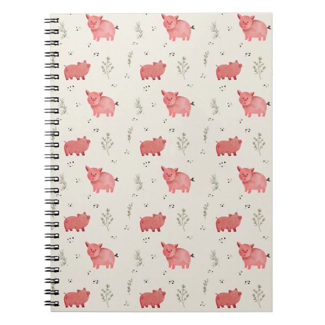 Watercolor Pigs And Flowers Seamless Pattern Anteckningsbok (Framsidan)