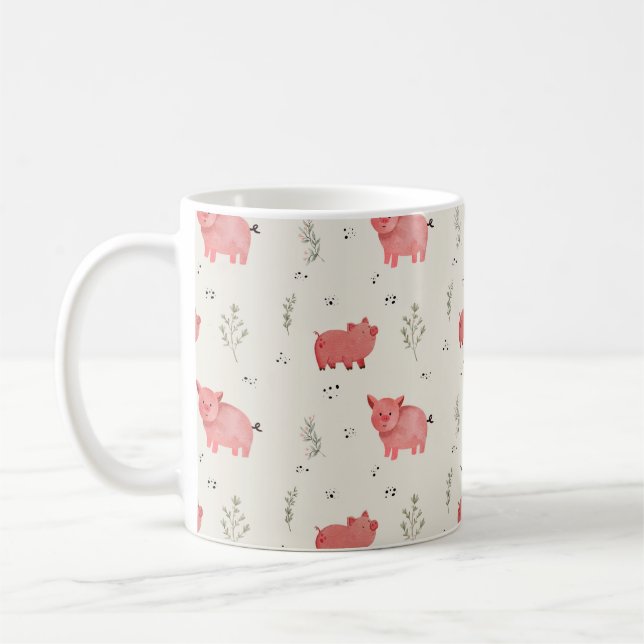 Watercolor Pigs And Flowers Seamless Pattern Kaffemugg (Vänster)