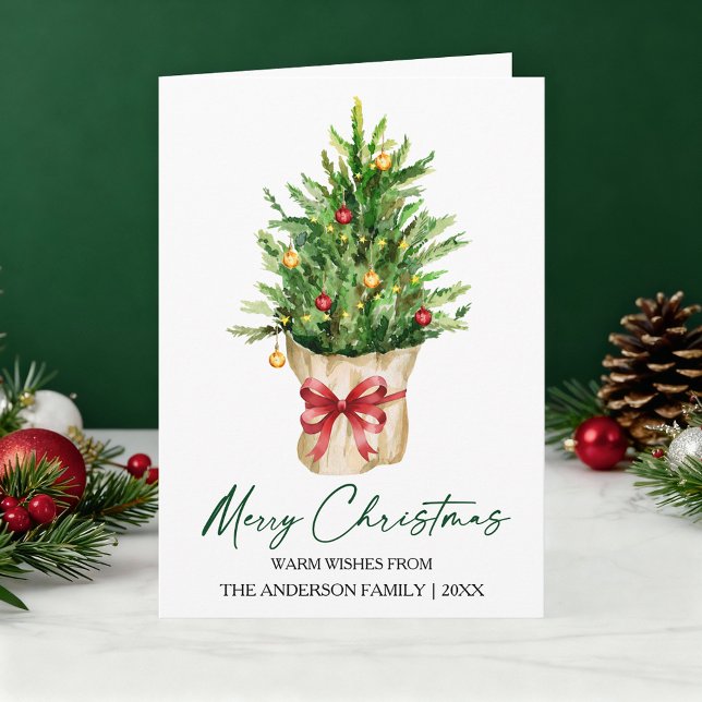 Watercolor Pine Calligraphy Ink Christmas Red Bow  Helgkort (Customize your change your personalized text size or text style.)