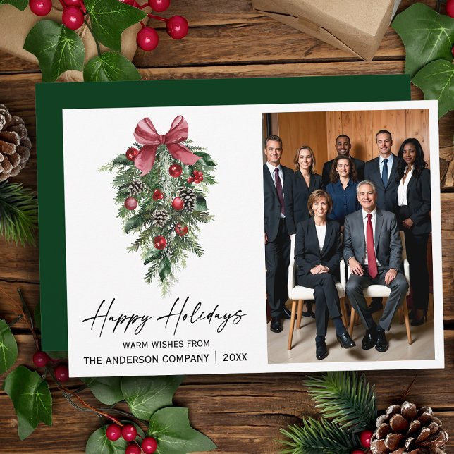 Watercolor Pine Company Photo Julkort (Customize to change your personalized text size, style or change color of back of card.)