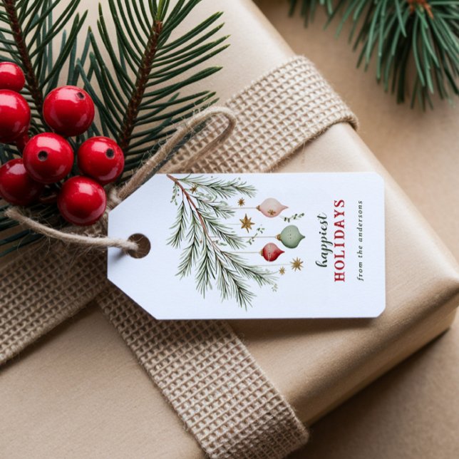 Watercolor Pine Leaves & Festive Baubles Holiday  Presentetikett (Skapare uppladdad)