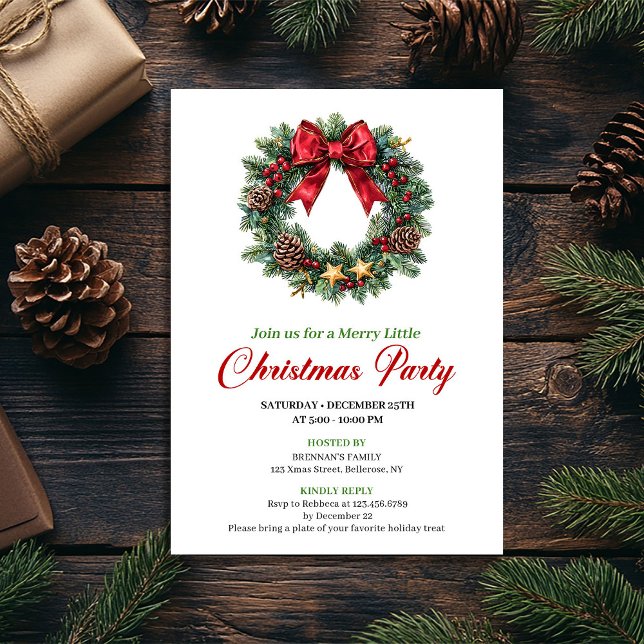 Watercolor Pine Wreath Christmas Party Invitation Inbjudningar (Watercolor Pine Wreath Christmas Party Invitation)