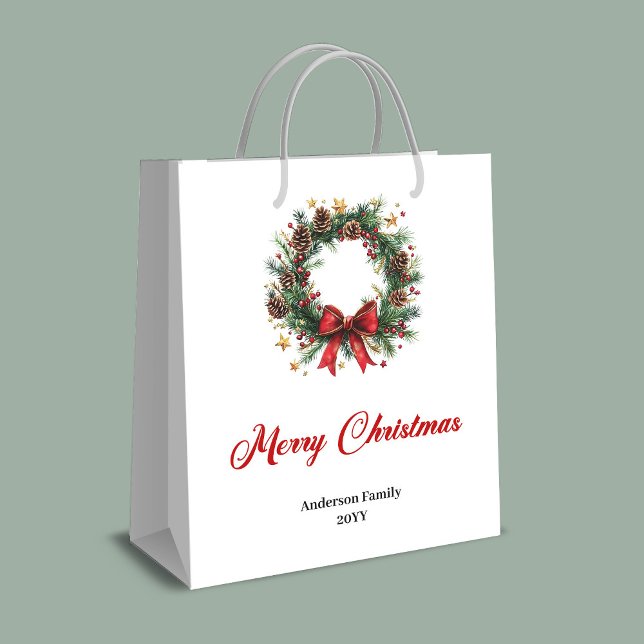 Watercolor pine wreath gift bag for holiday giving (Watercolor pine wreath gift bag for holiday giving)