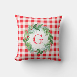 Watercolor Pine Wreath MONOGRAM Red Check Kudde