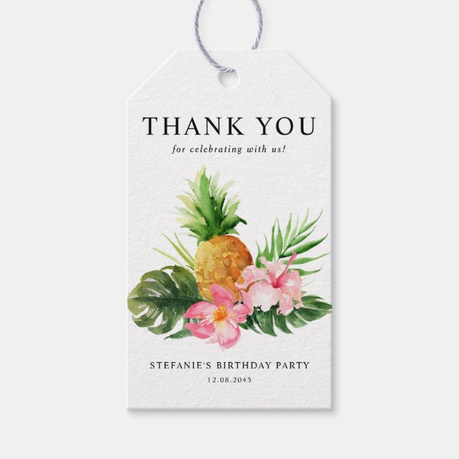 Watercolor Pineapple Birthday Party Thank You Presentetikett (Framsidan)