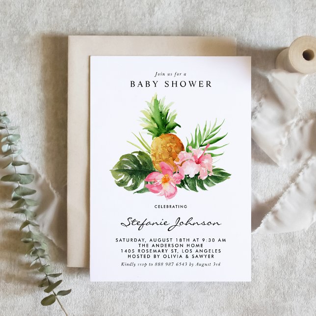 Watercolor Pineapple Hibiscus Tropical Baby Shower Inbjudningar (Customizable tropical baby shower invitation featuring watercolor pineapple, hibiscus and greenery. )