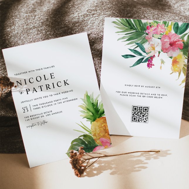 Watercolor Pineapple Tropical QR Code Wedding Inbjudningar (Customizable QR code wedding invitation featuring watercolor pineapple, tropical greenery & flower.)