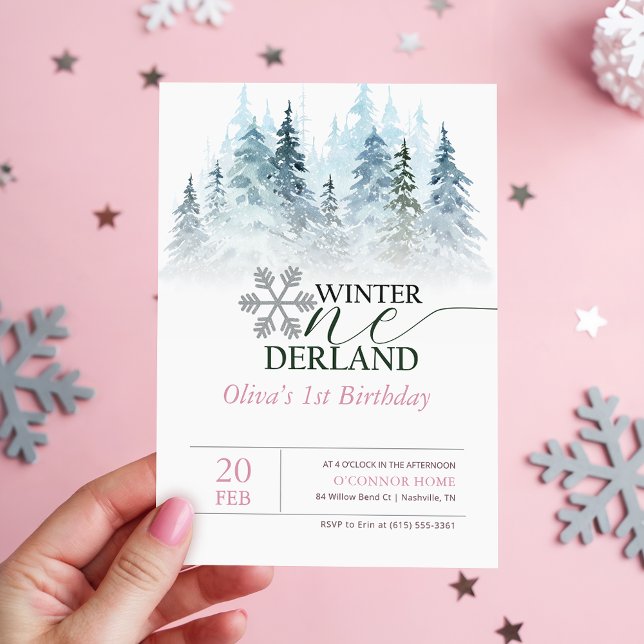 Watercolor Pinetree Winter Onderland 1st Birthday Inbjudningar (Skapare uppladdad)