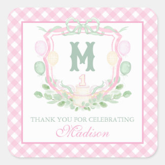Watercolor Pink 1st Birthday Monogram Crest Gift Fyrkantigt Klistermärke
